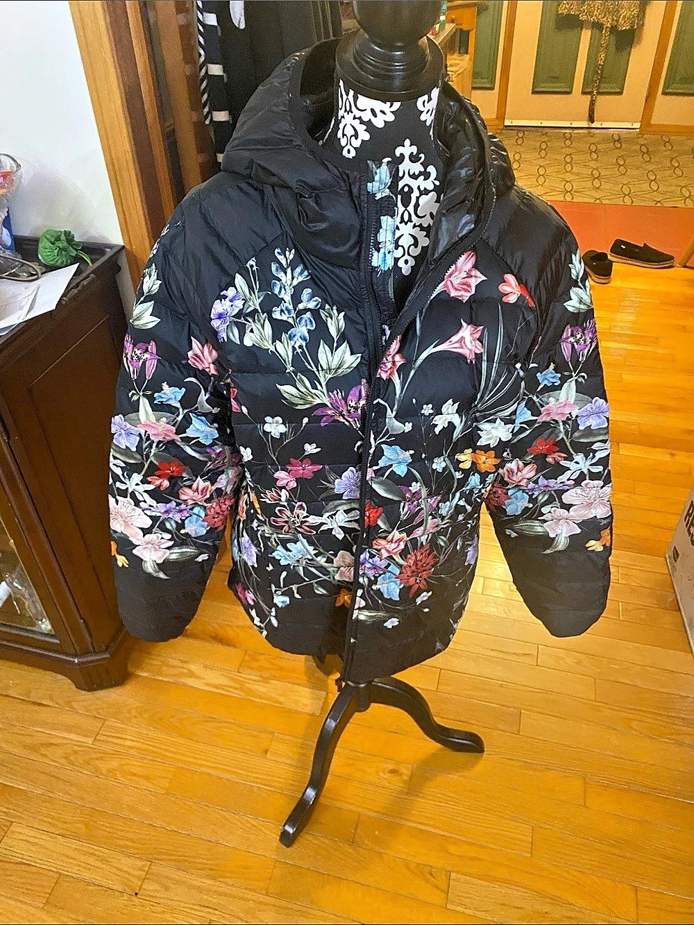 Simons Floral Puffer Jacket in Black & Multicolor